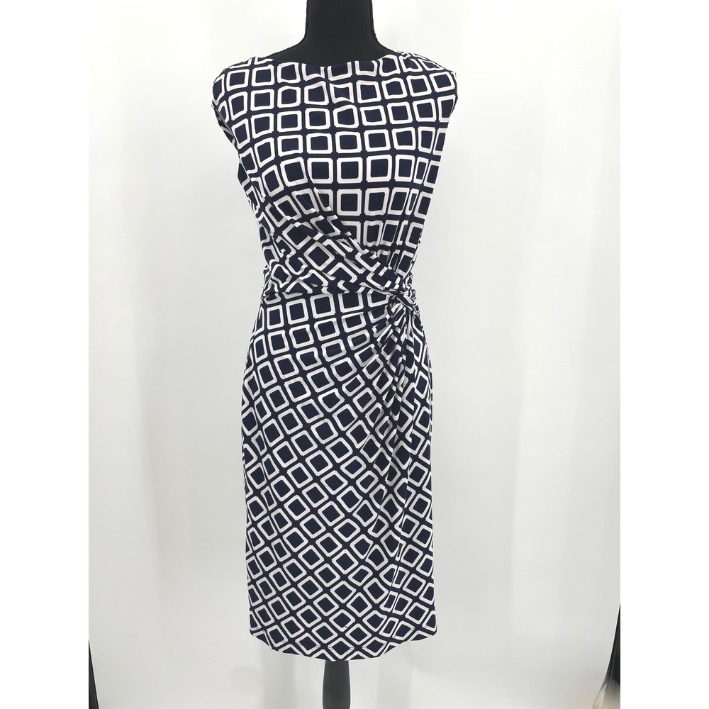 Lauren Ralph Lauren Dress Womens 8 Navy Blue Black Geometric Ruched Chic Sheath